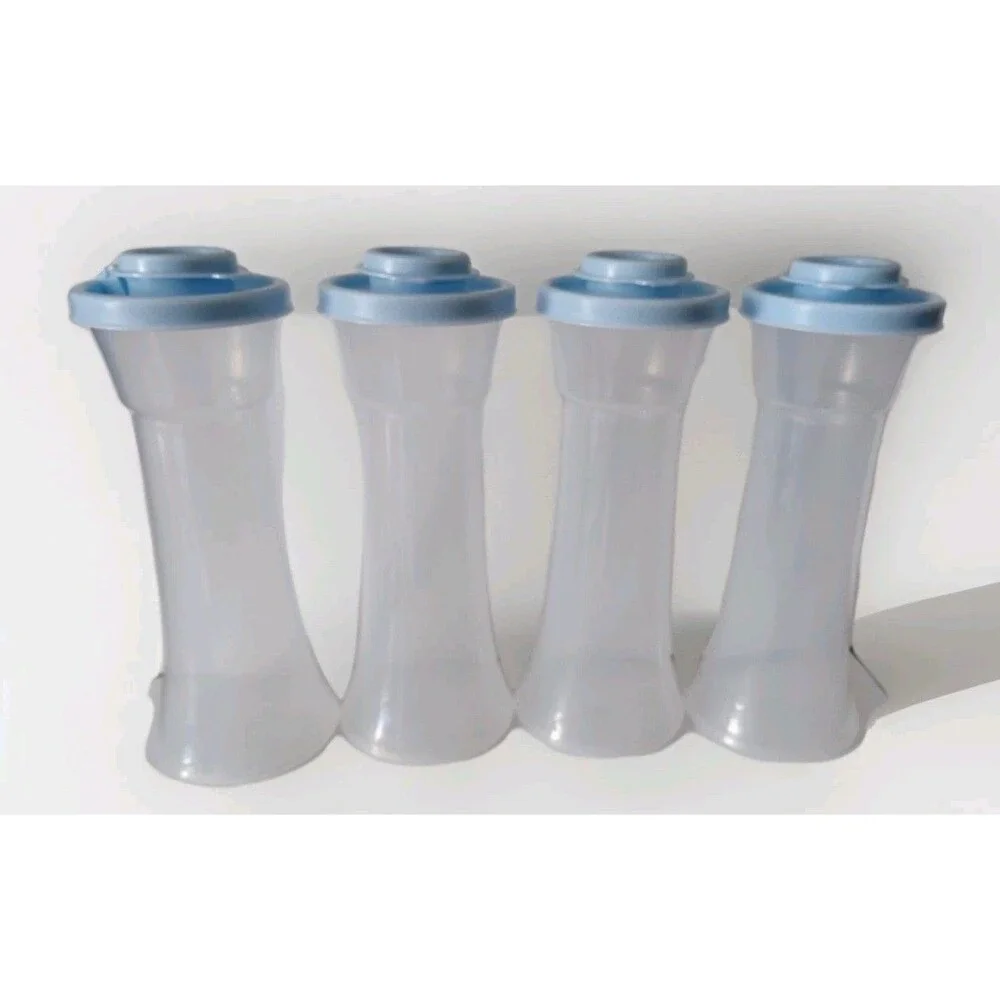 4 Tupperware Hourglass Salt & Pepper Shakers #718 Sheer Blue w/ Lid 5 7/8